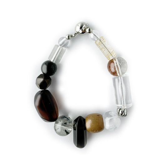 Chuncky White Crystal Bracelet with Obsidian and Wooden Beads