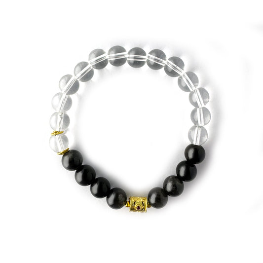 White Crystal Bracelet With Black Obsidian And Gold Beads